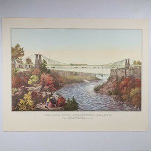 The Rail Road Suspension Bridge Currier & Ives Lithograph Reprint 11 3/4" x 13"